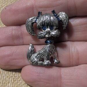 Vintage Silvertoned Dog Brooch With Blue Accents